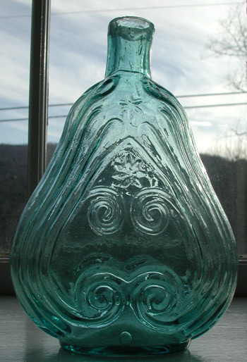 antique scroll flask iron pontil glass house new england bottle